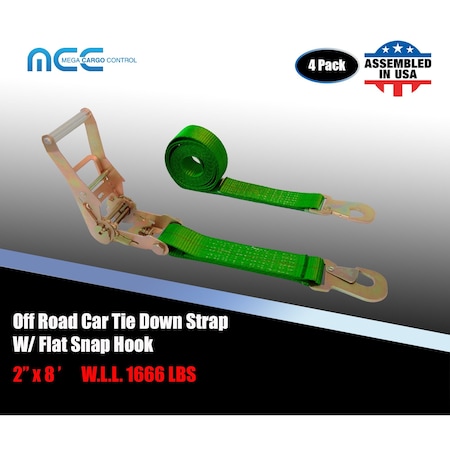 Tie 4 Safe 2" x 8' Ratchet Tie Down Strap w/ Flat Snap Hook Car Auto Hauler Tow Truck Green, 4PK RT48-8-GR-C-4